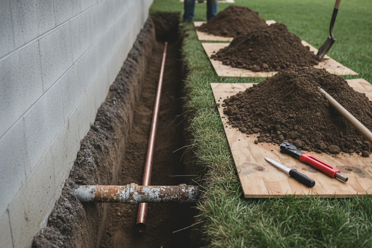 Excavated water line trench during Sewer Line Repair in Wewoka